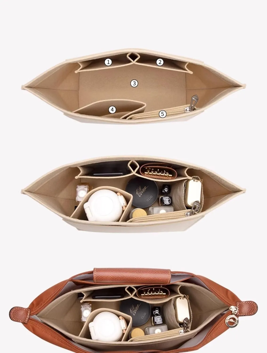 Purse Organizer Insert for Longchamp Le Pliage M Handbag Insert, Felt Handbag Organizer Insert Large Tote with Cup Holder, Bag Organizer with Zipper,8 Compartments(Grey, M10.23 * 7.87 * 5.12in)