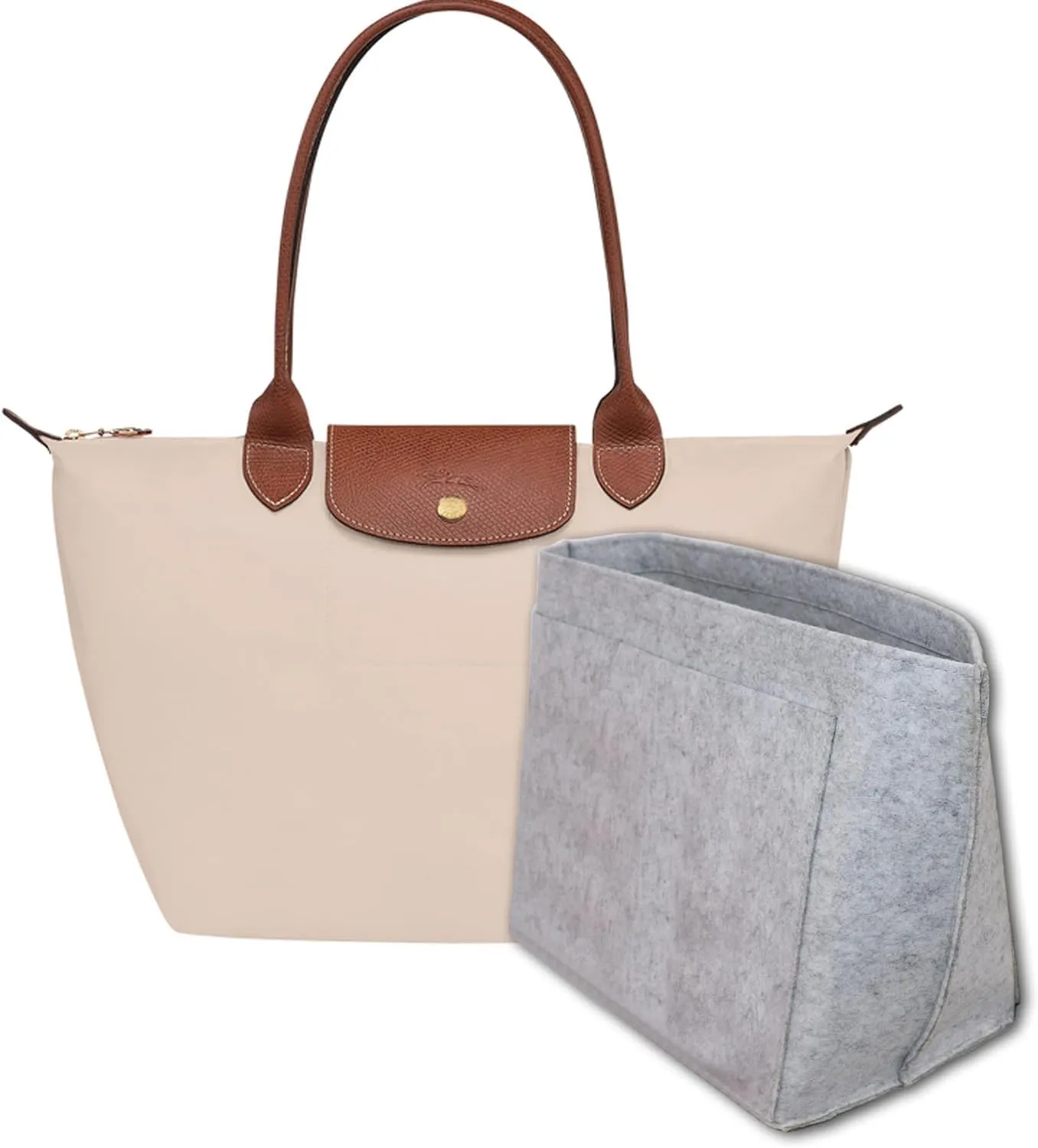Purse Organizer Insert for Longchamp Le Pliage M Handbag Insert, Felt Handbag Organizer Insert Large Tote with Cup Holder, Bag Organizer with Zipper,8 Compartments(Grey, M10.23 * 7.87 * 5.12in)
