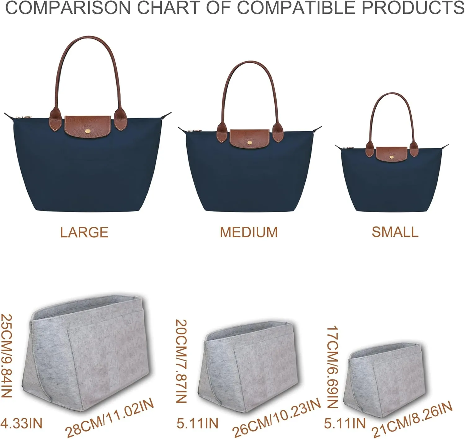 Purse Organizer Insert for Longchamp Le Pliage M Handbag Insert, Felt Handbag Organizer Insert Large Tote with Cup Holder, Bag Organizer with Zipper,8 Compartments(Grey, M10.23 * 7.87 * 5.12in)