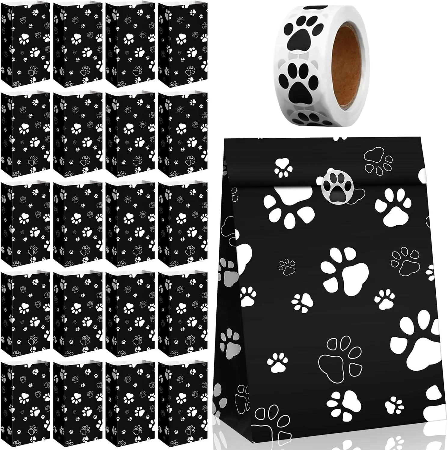Qilery 200 Pcs Black Paw Print Gift Bags - 3lb, 11.02 x 5.91 x 3.54 Inch Dog Gift Bags with Paw Labels for Party Favors
