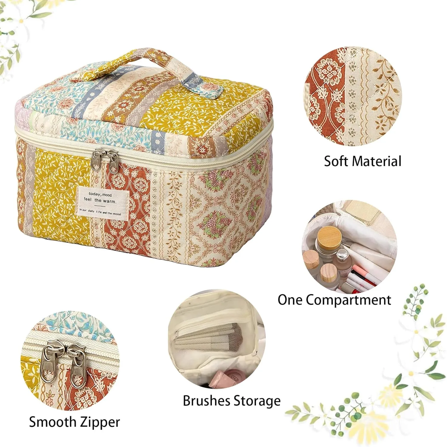 Quilted Makeup Bag, Cute Cosmetic Bags for Women,Large Floral Make Up Bag, Coquette Aesthetic Flower Travel Toiletry Bag,Irregular Patchwork Makeup Bag