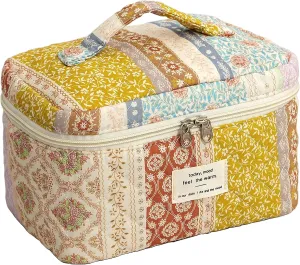 Quilted Makeup Bag, Cute Cosmetic Bags for Women,Large Floral Make Up Bag, Coquette Aesthetic Flower Travel Toiletry Bag,Irregular Patchwork Makeup Bag