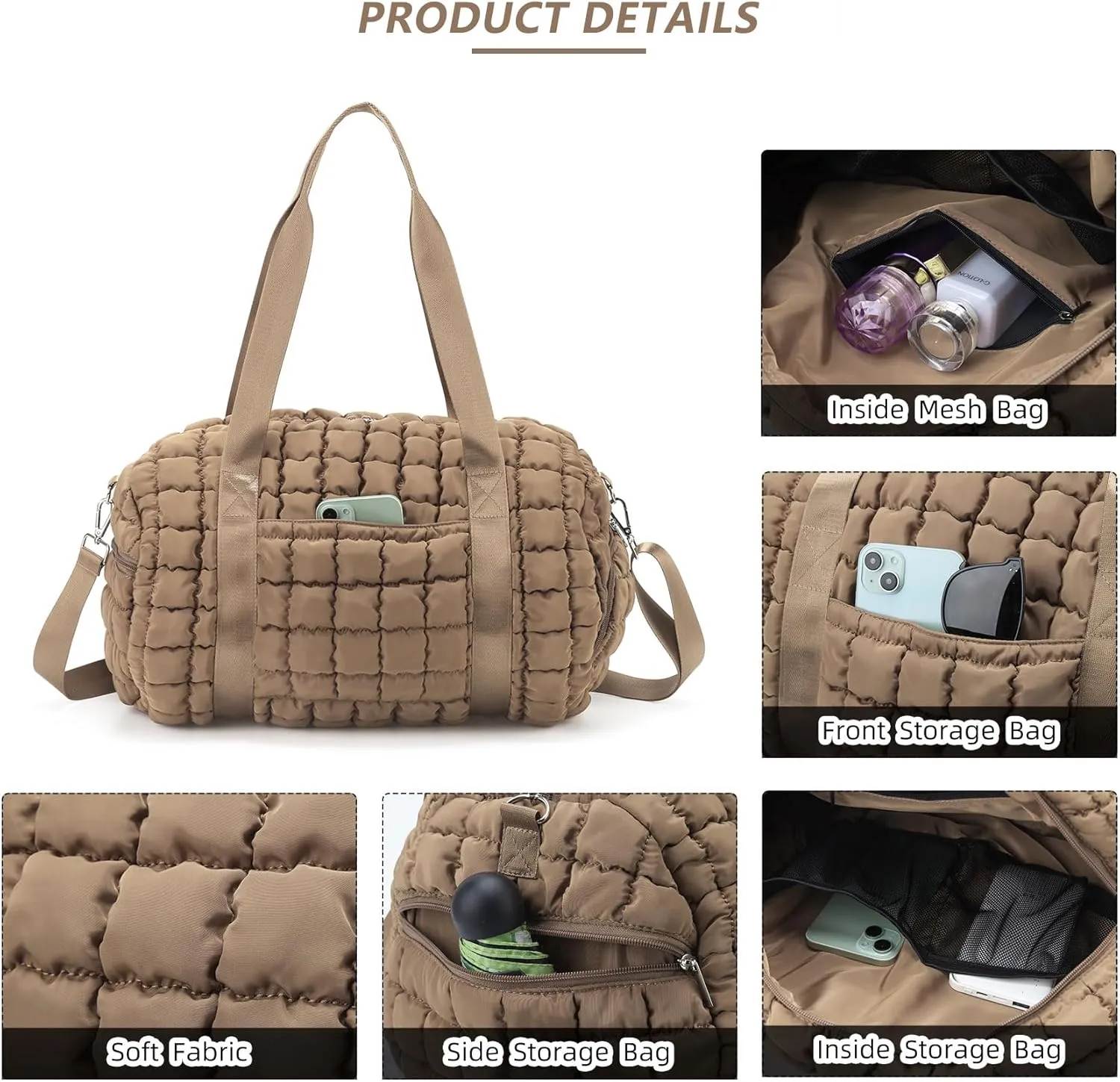 Quilted Puffer Duffel Bag for Women, Large Sports Travel Puffer Weekender Bag with Shoe Compartment, Soft Puffy Carry on Gym Bag for Airplane,Khaki