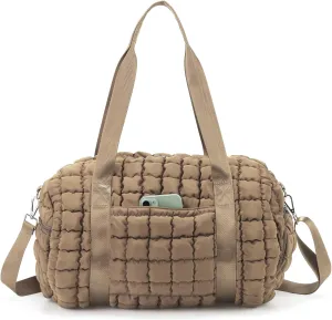 Quilted Puffer Duffel Bag for Women, Large Sports Travel Puffer Weekender Bag with Shoe Compartment, Soft Puffy Carry on Gym Bag for Airplane,Khaki
