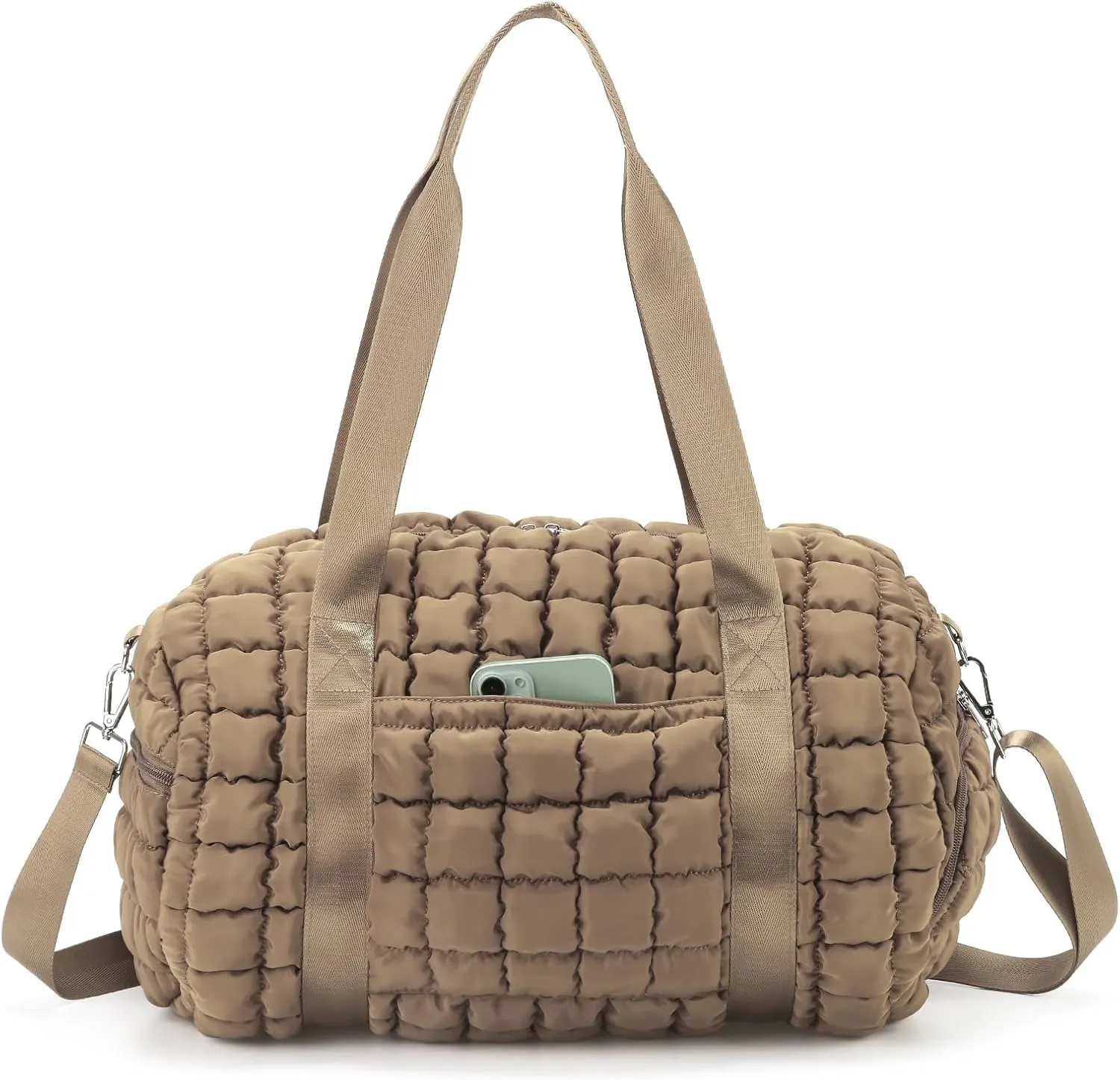 Quilted Puffer Duffel Bag for Women, Large Sports Travel Puffer Weekender Bag with Shoe Compartment, Soft Puffy Carry on Gym Bag for Airplane,Khaki