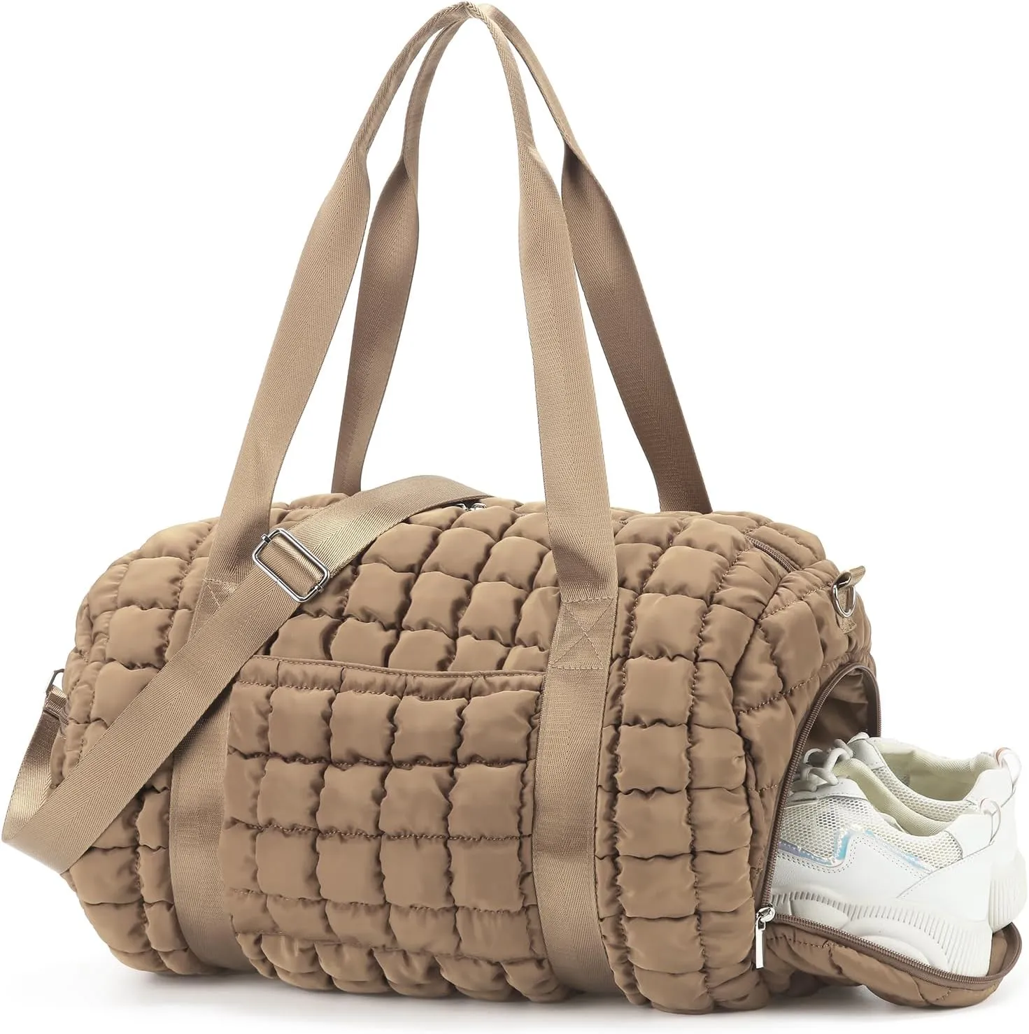 Quilted Puffer Duffel Bag for Women, Large Sports Travel Puffer Weekender Bag with Shoe Compartment, Soft Puffy Carry on Gym Bag for Airplane,Khaki