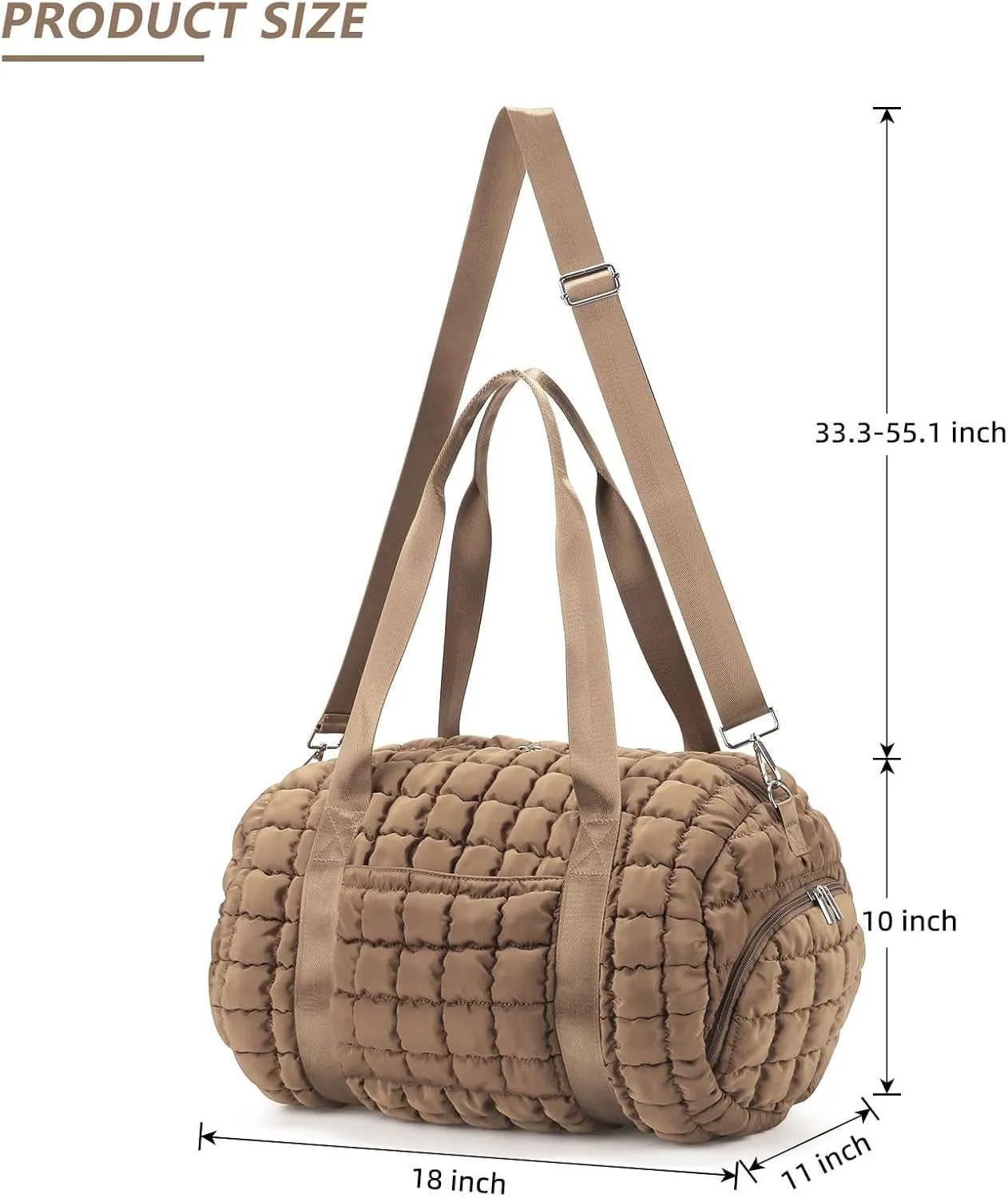 Quilted Puffer Duffel Bag for Women, Large Sports Travel Puffer Weekender Bag with Shoe Compartment, Soft Puffy Carry on Gym Bag for Airplane,Khaki