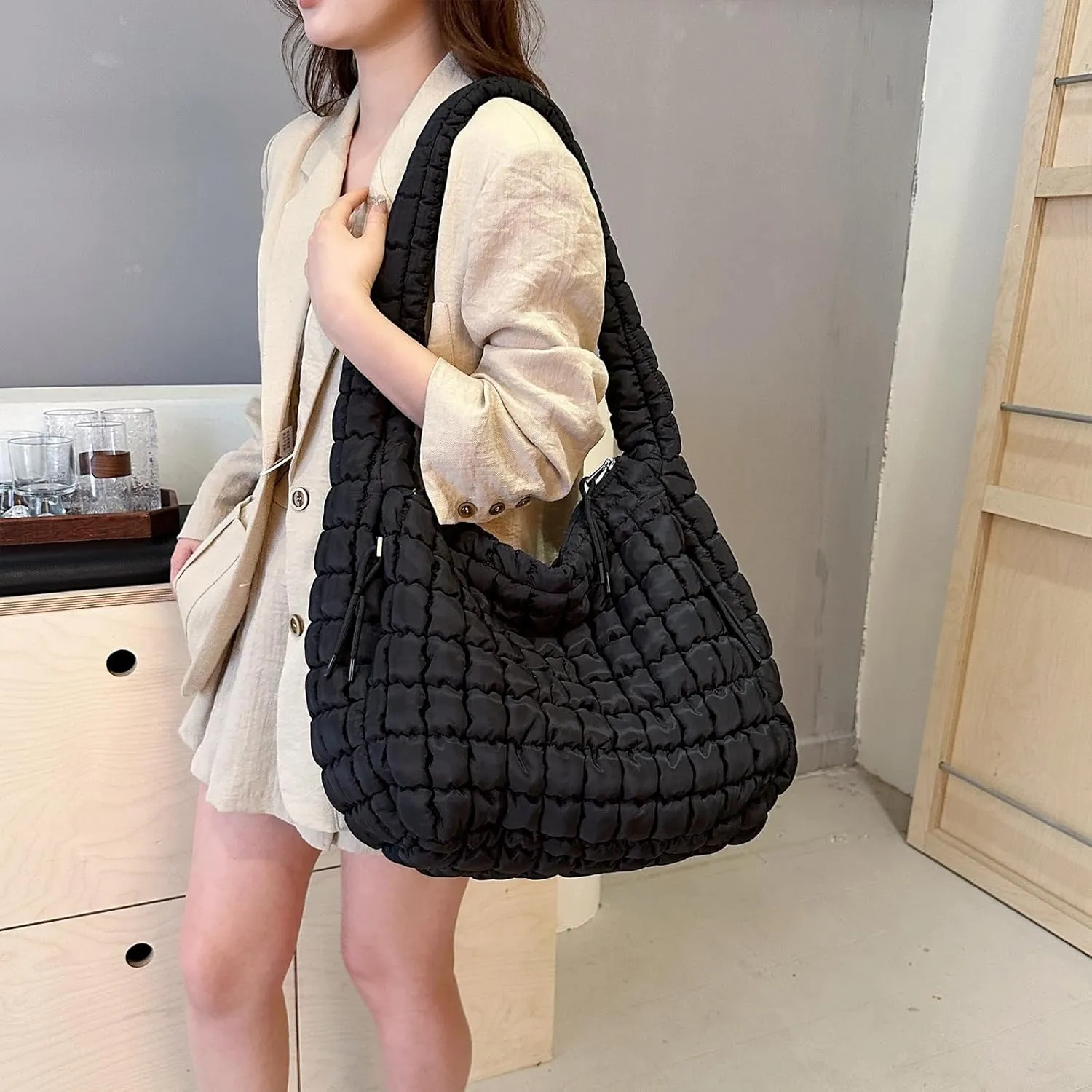 Quilted Tote Bag, Large Lightweight Quilted Bag Puffer Tote Bag Trendy Puffy Purse Hobo Bags for Women