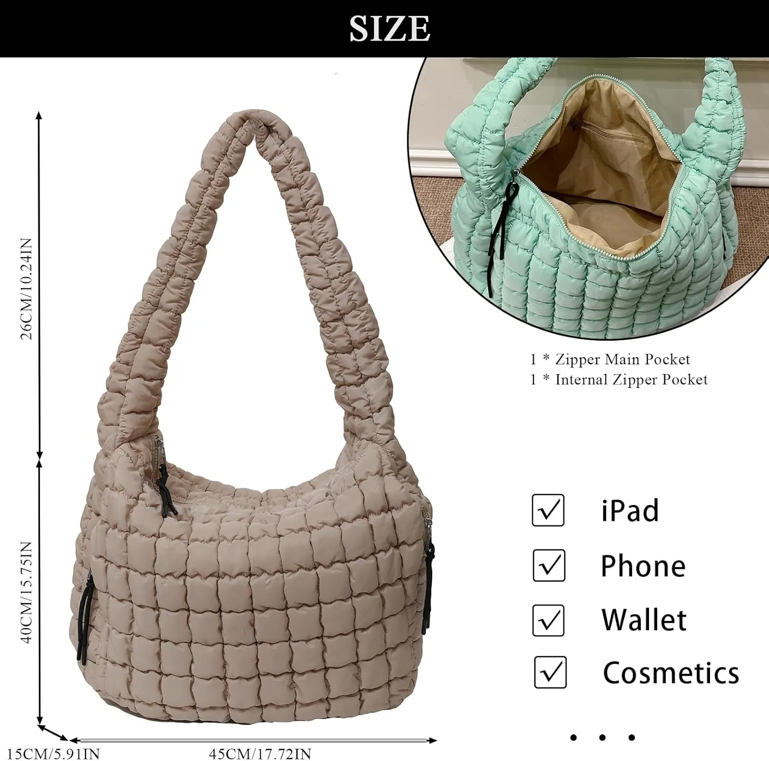 Quilted Tote Bag, Large Lightweight Quilted Bag Puffer Tote Bag Trendy Puffy Purse Hobo Bags for Women