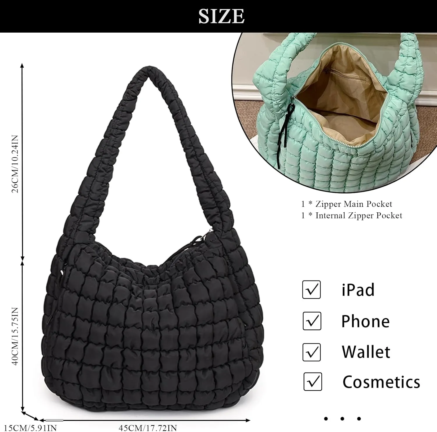 Quilted Tote Bag, Large Lightweight Quilted Bag Puffer Tote Bag Trendy Puffy Purse Hobo Bags for Women