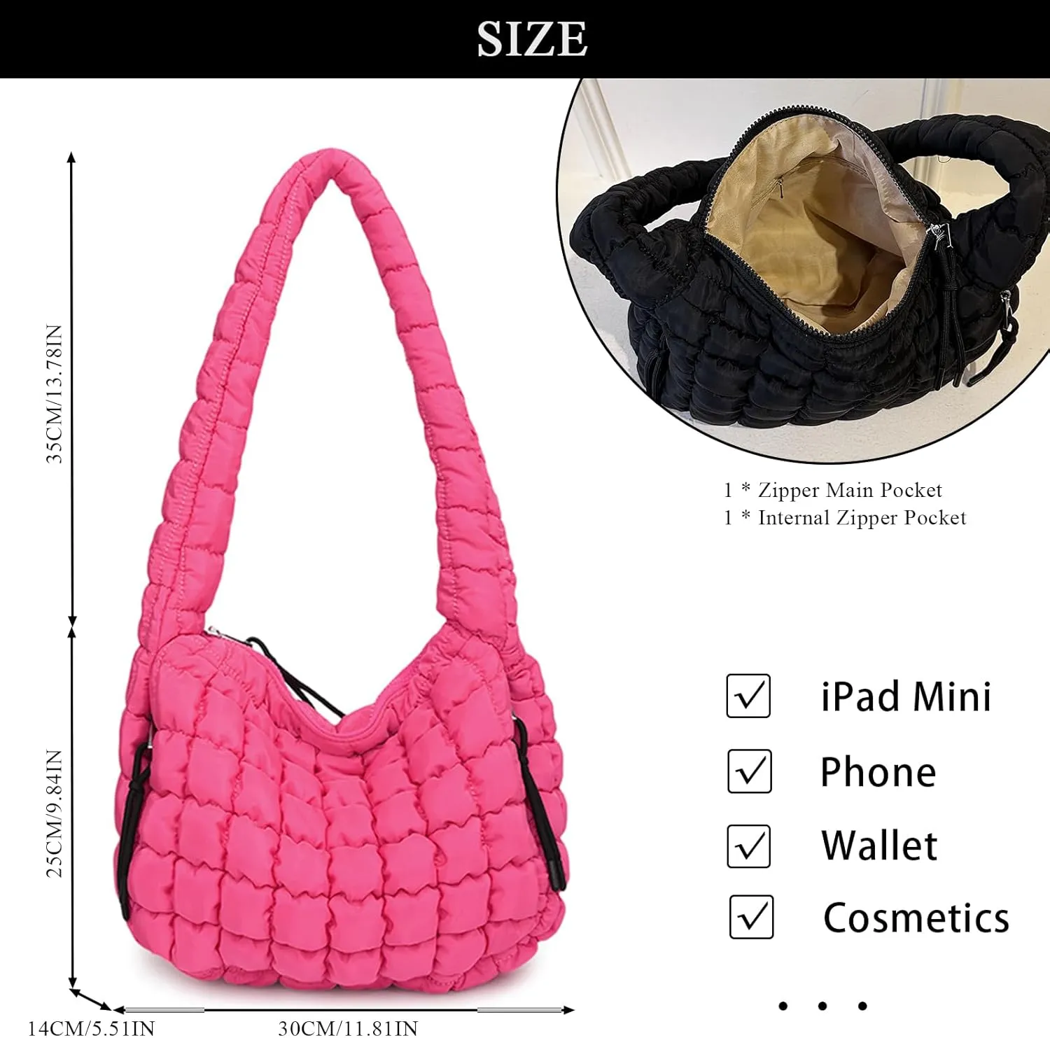Quilted Tote Bag - Small Lightweight Puffer Hobo Bag for Women