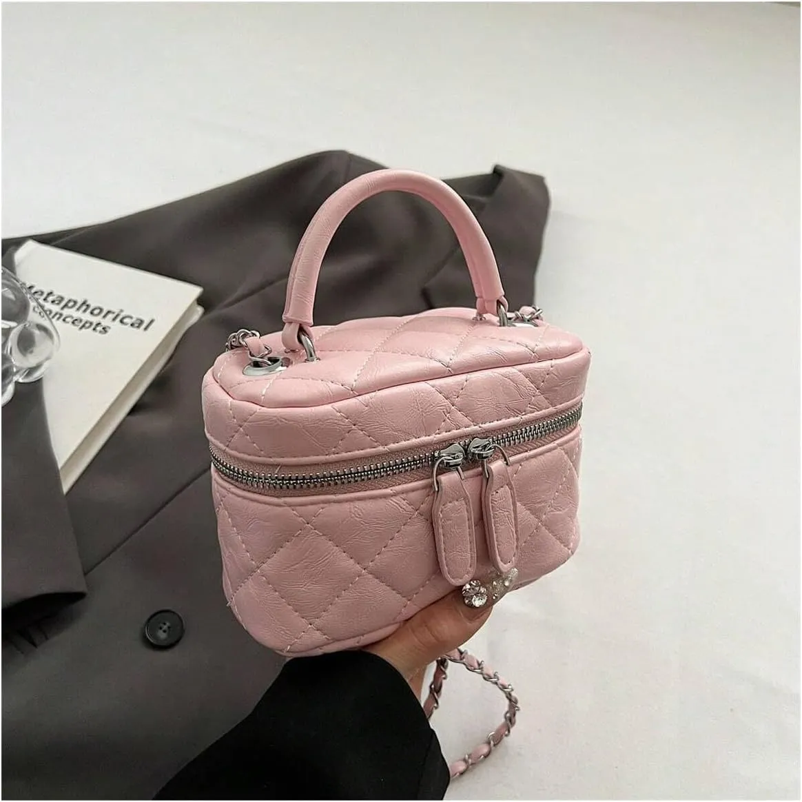 QWINEE Women's Silver Top Handle Crossbody Bag Small Crocodile Embossed Satchel Bag Mini Bucket Handbag