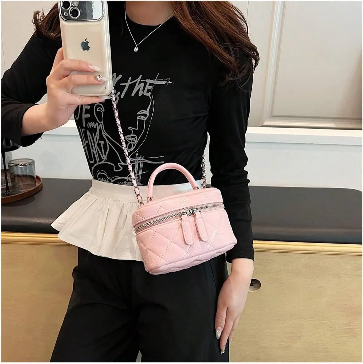 QWINEE Women's Silver Top Handle Crossbody Bag Small Crocodile Embossed Satchel Bag Mini Bucket Handbag