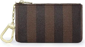 Rauder Luxury Zip Key Chain Pouch | Mini Coin Purse Wallet Card Holder with Clasp | for Men Women - Coated Canvas (Brown Stripe)