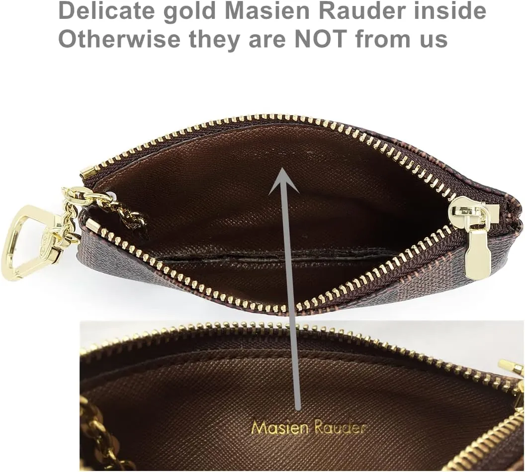Rauder Luxury Zip Key Chain Pouch | Mini Coin Purse Wallet Card Holder with Clasp | for Men Women - Coated Canvas (Brown Stripe)