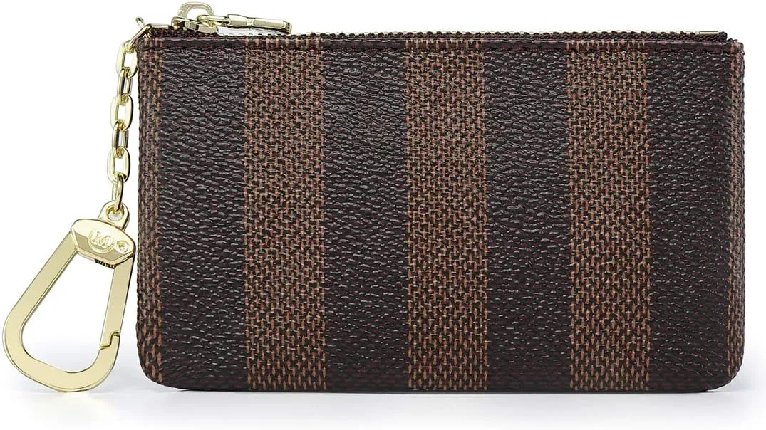 Rauder Luxury Zip Key Chain Pouch | Mini Coin Purse Wallet Card Holder with Clasp | for Men Women - Coated Canvas (Brown Stripe)