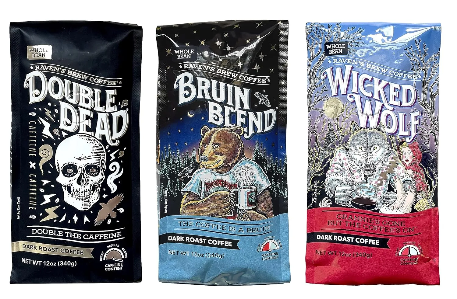 Raven's Brew Whole Bean Coffee Variety Pack - 3 Delicious Flavors - Double Dead, Bruin Blend and Wicked Wolf - 12oz each