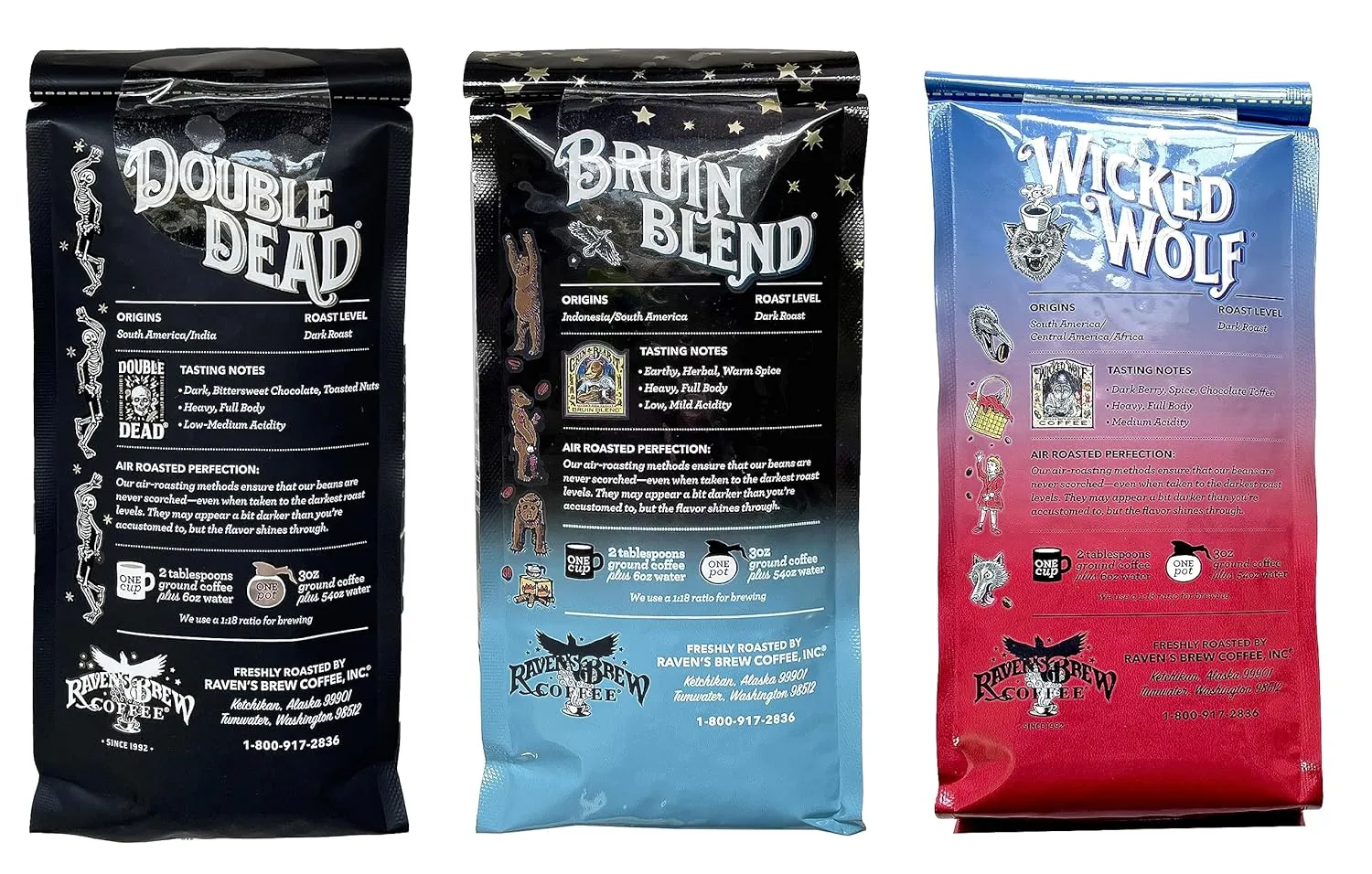 Raven's Brew Whole Bean Coffee Variety Pack - 3 Delicious Flavors - Double Dead, Bruin Blend and Wicked Wolf - 12oz each