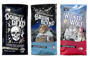 Raven's Brew Whole Bean Coffee Variety Pack - 3 Delicious Flavors - Double Dead, Bruin Blend and Wicked Wolf - 12oz each