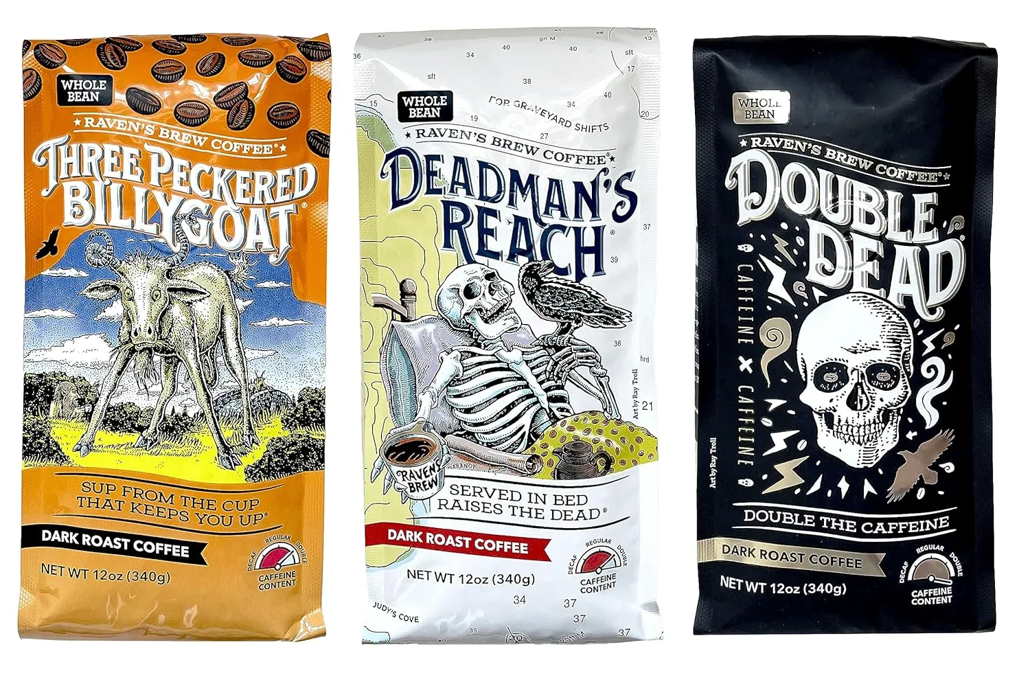 Raven's Brew Whole Bean Variety Pack - 3 Delicious Flavors - Three Peckered Billy Goat, Deadman's Reach and Double Dead - 12oz each