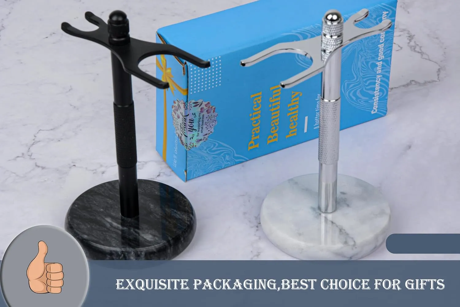 Razor and Brush Stand,Marble Base Razor Holder Is More Stable,The Base Will Not Rust and the Fitted Protective Spacer Protects Your Countertop Better Decoration as a Gift(Black)