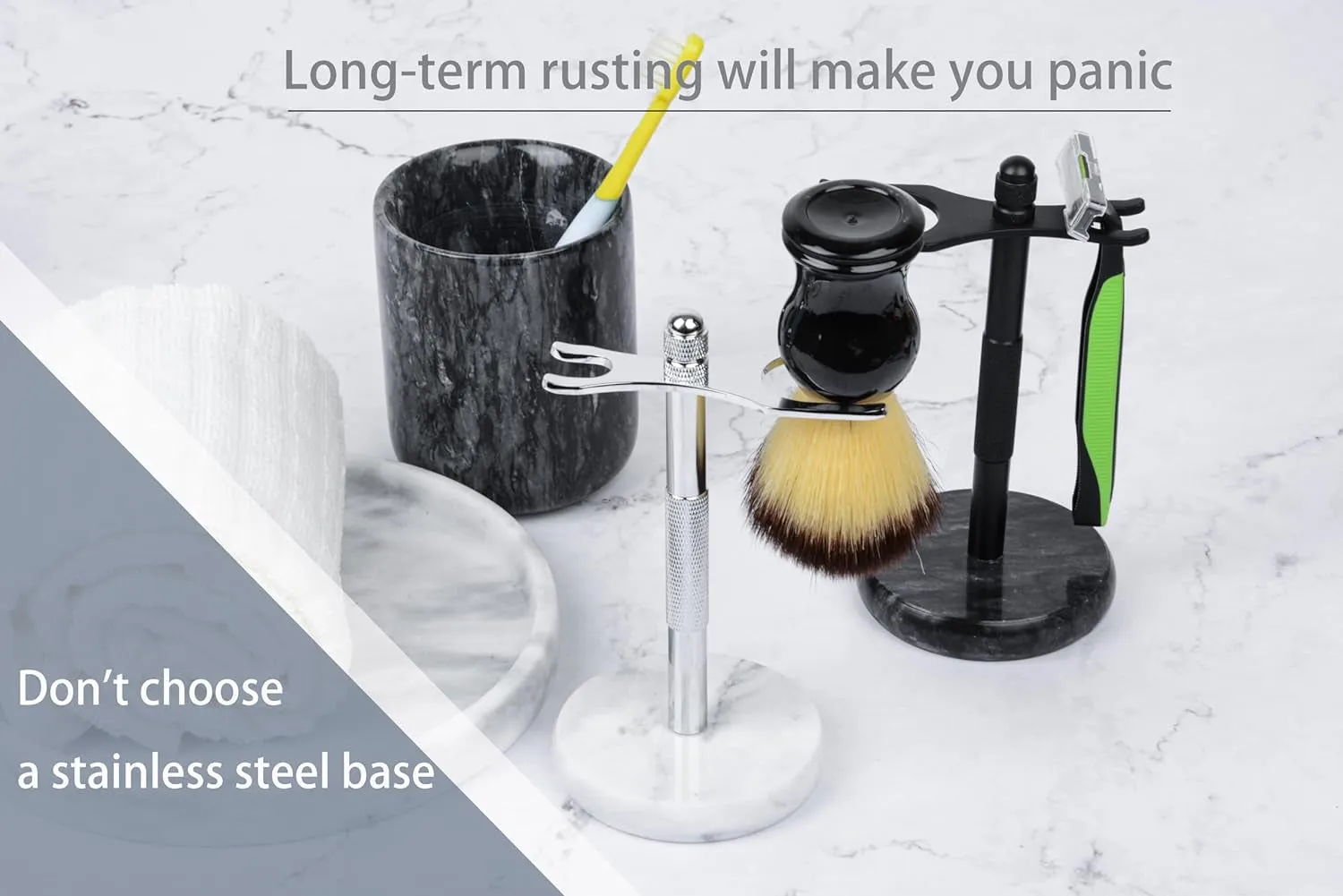 Razor and Brush Stand,Marble Base Razor Holder Is More Stable,The Base Will Not Rust and the Fitted Protective Spacer Protects Your Countertop Better Decoration as a Gift(Black)