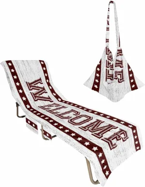Red Art Words Welcome Independence Chaise Lounger Cover with Pockets, Pool Lounge Chair Covers 85"x29", Retro Wooden Stripes Flag Day Microfiber Beach Chair Cover for Outdoor Patio Sunbathing