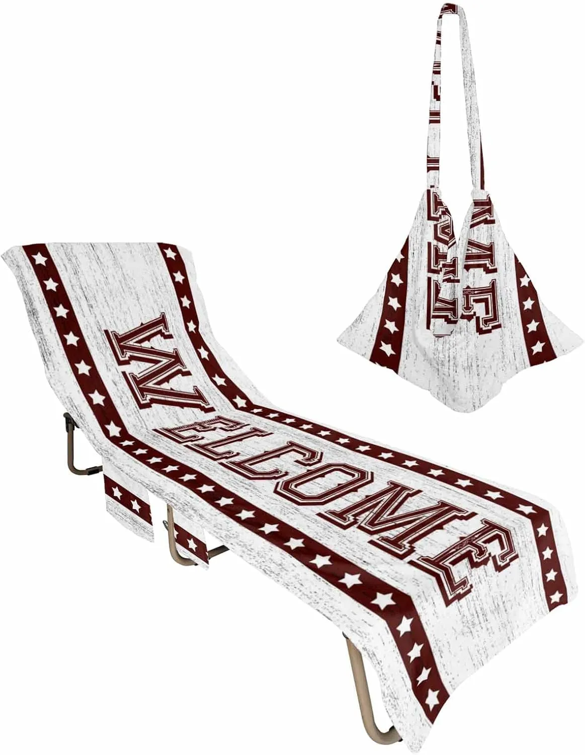 Red Art Words Welcome Independence Chaise Lounger Cover with Pockets, Pool Lounge Chair Covers 85"x29", Retro Wooden Stripes Flag Day Microfiber Beach Chair Cover for Outdoor Patio Sunbathing