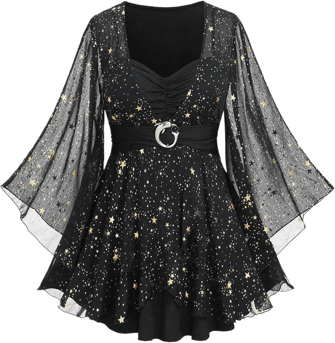 Rosegal Plus Size Womens Elegant Sparkly Gold Stamping Stars Print Long Flare Sleeve 2 in 1 Flowy Top