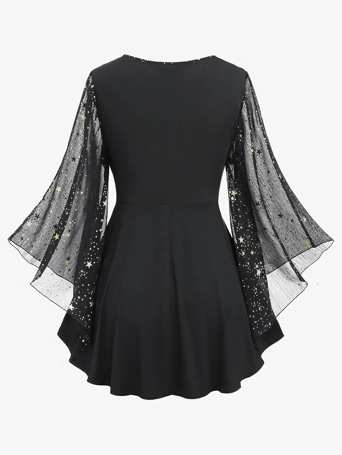Rosegal Plus Size Womens Elegant Sparkly Gold Stamping Stars Print Long Flare Sleeve 2 in 1 Flowy Top