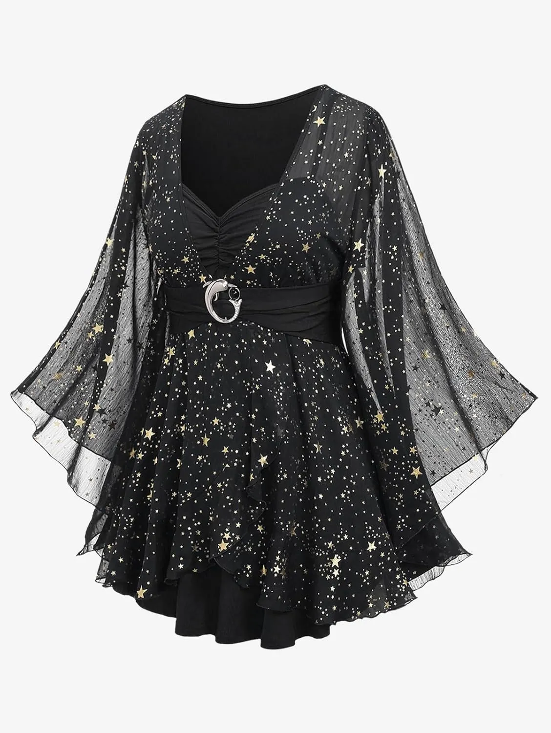 Rosegal Plus Size Womens Elegant Sparkly Gold Stamping Stars Print Long Flare Sleeve 2 in 1 Flowy Top