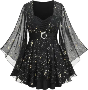 Rosegal Plus Size Womens Elegant Sparkly Gold Stamping Stars Print Long Flare Sleeve 2 in 1 Flowy Top