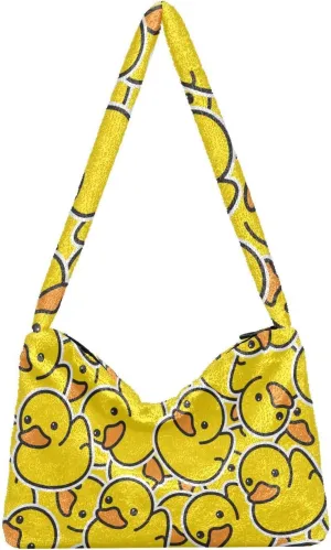 Rubber Duck Shoulder Tote Bags for Women Furry Crossbody bag with Zipper Hobo Handbag Purses for Traveling Working Shopping