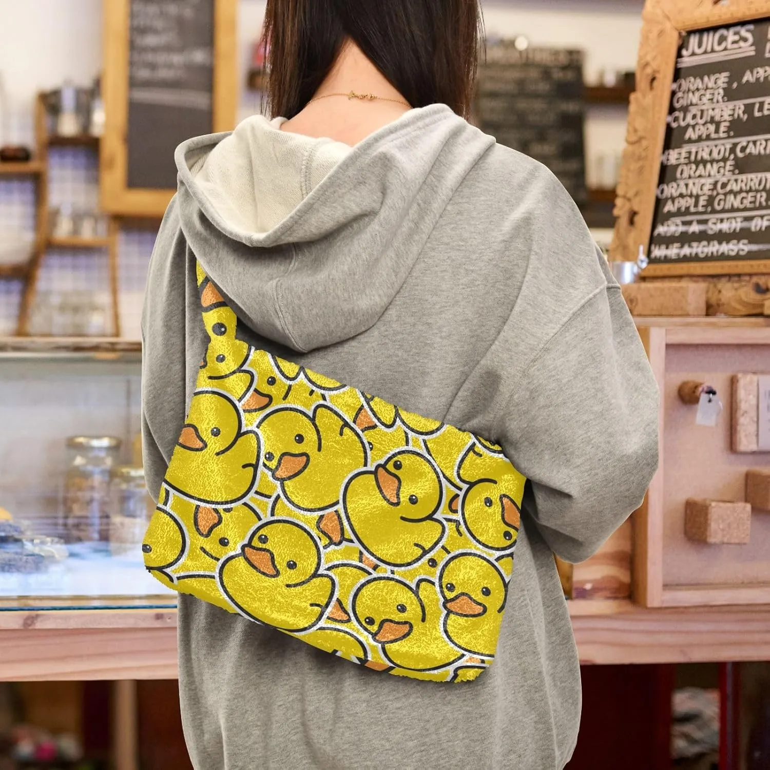 Rubber Duck Shoulder Tote Bags for Women Furry Crossbody bag with Zipper Hobo Handbag Purses for Traveling Working Shopping