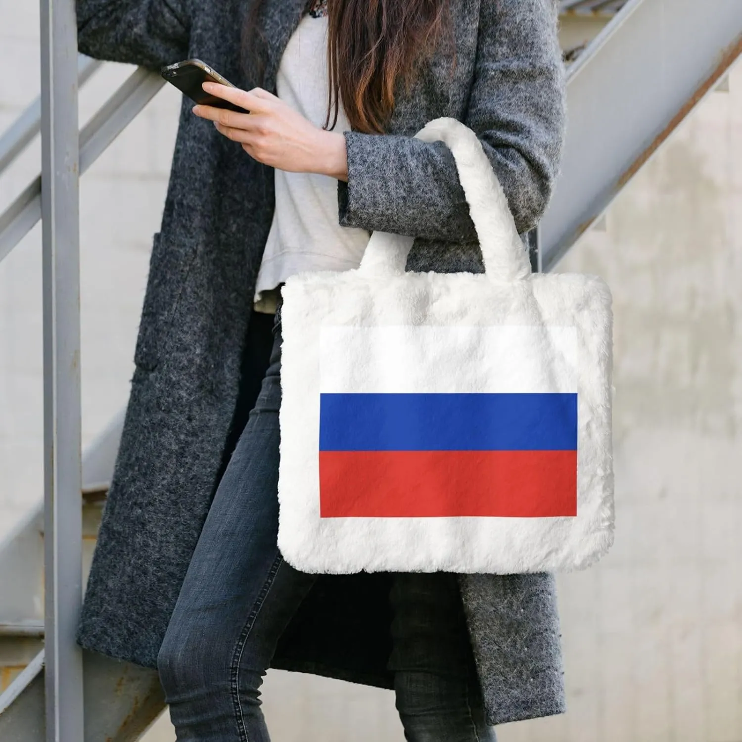 Russian Flag Printing Fluffy Shoulder Bag Ladies Plush Underarm Bag Tote Bag Furry Purse Handbag For Work Travel