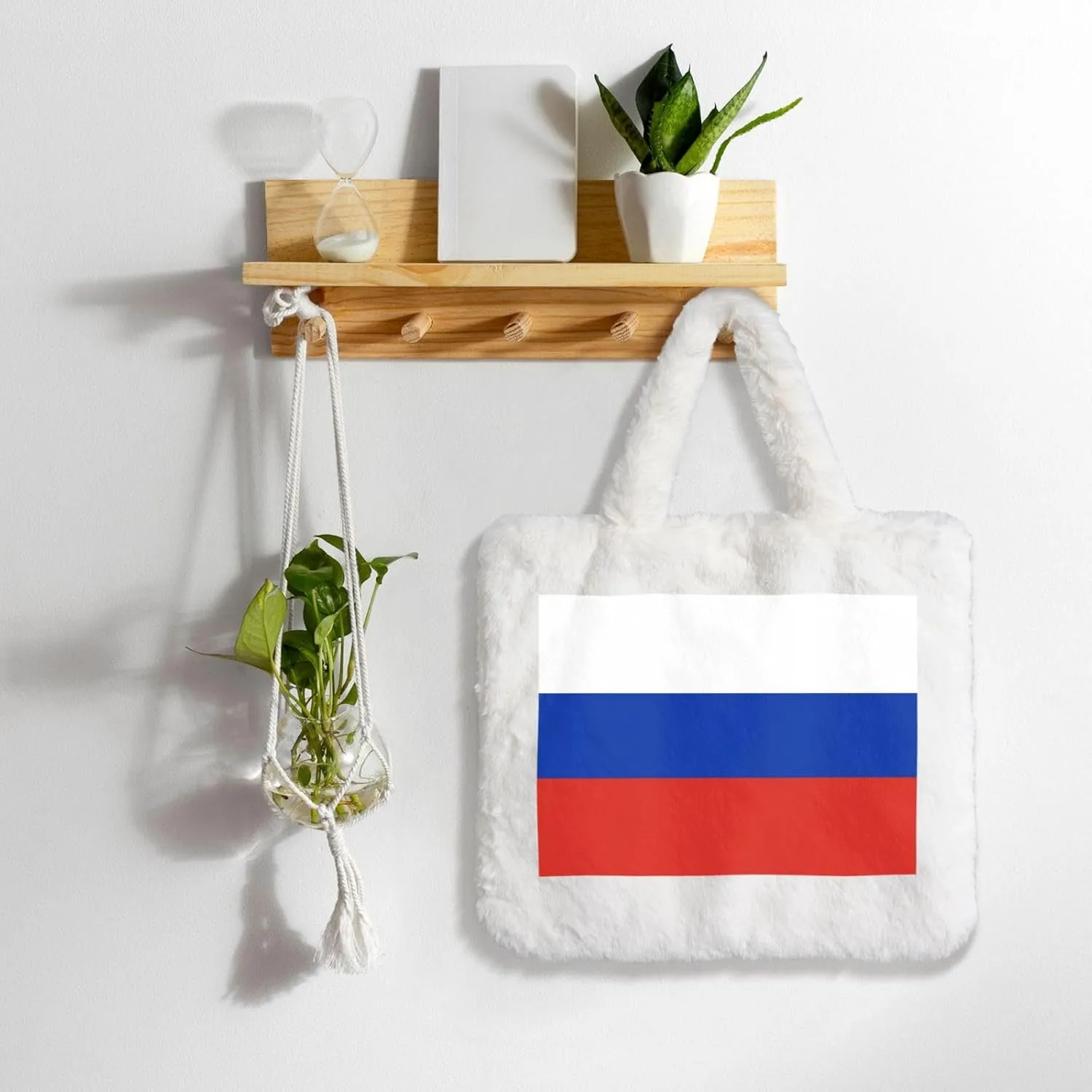 Russian Flag Printing Fluffy Shoulder Bag Ladies Plush Underarm Bag Tote Bag Furry Purse Handbag For Work Travel