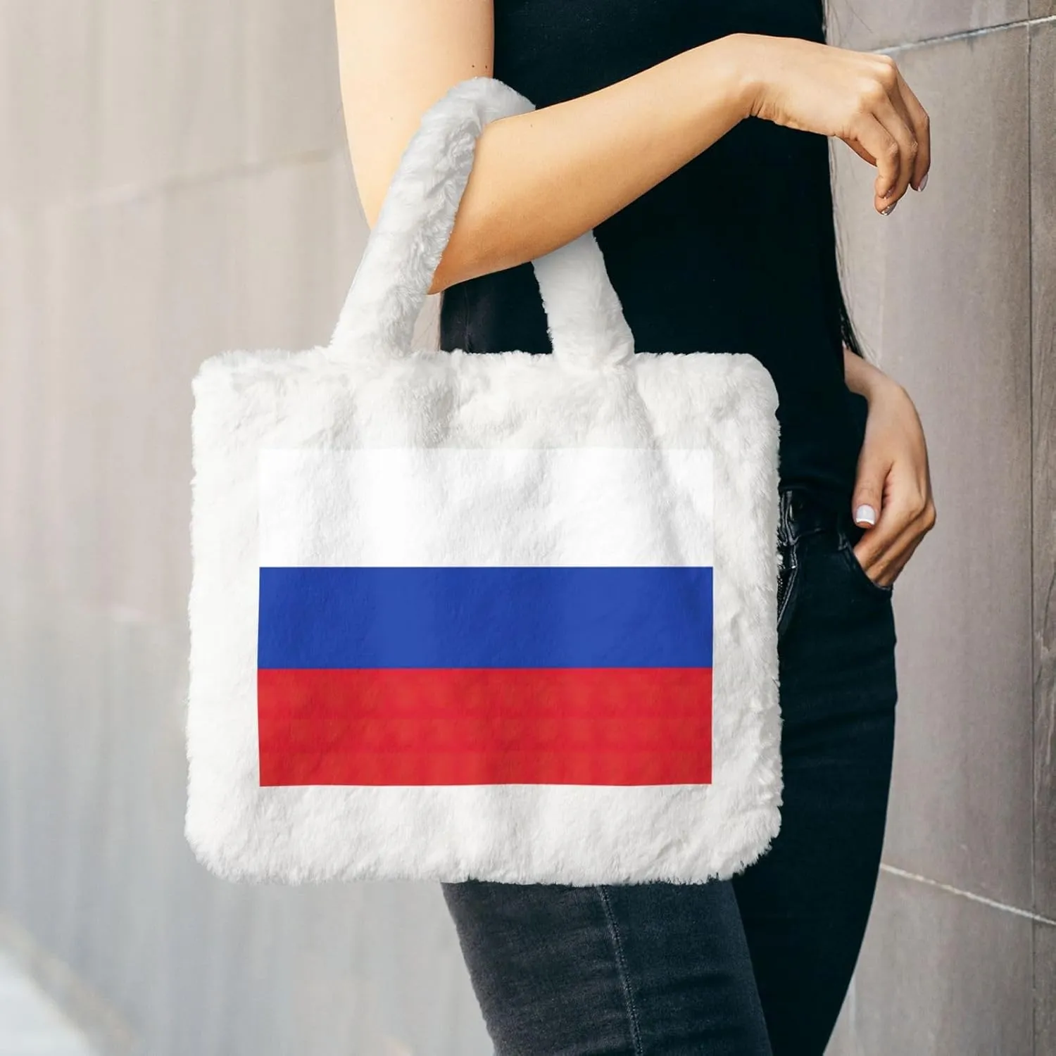 Russian Flag Printing Fluffy Shoulder Bag Ladies Plush Underarm Bag Tote Bag Furry Purse Handbag For Work Travel