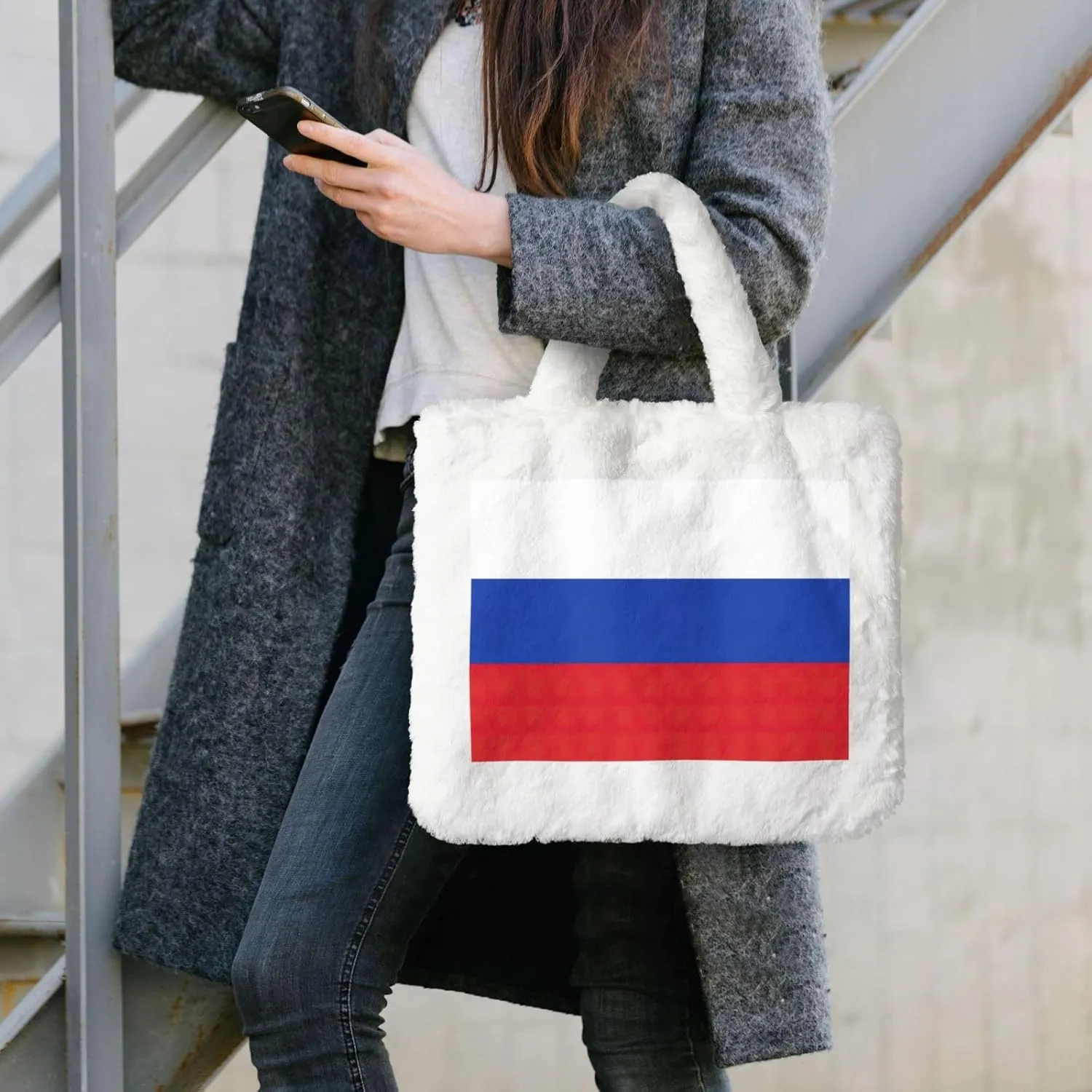 Russian Flag Printing Fluffy Shoulder Bag Ladies Plush Underarm Bag Tote Bag Furry Purse Handbag For Work Travel