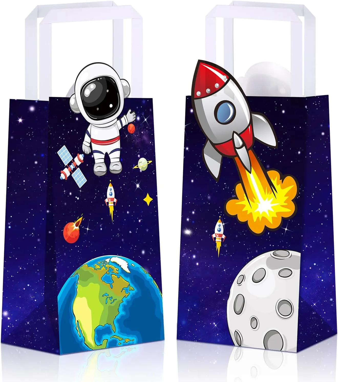Sabary 16 Packs Outer Space Party Favors Space Gift Bags with Handles Astronaut Themed Treat Handbag Kraft Rocket Galaxy Goodie Bags for Birthday Supplies Planet Themed Party