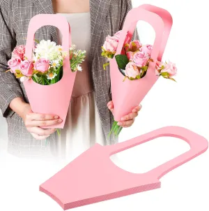 Sabary 24 Pcs Kraft Paper Flower Gift Bags Bouquet Bags with Handle Flowers Wrapping Gift Packaging Wrap Tote for Valentine‘s Day Florist Wedding Party Home Decoration (Pink)