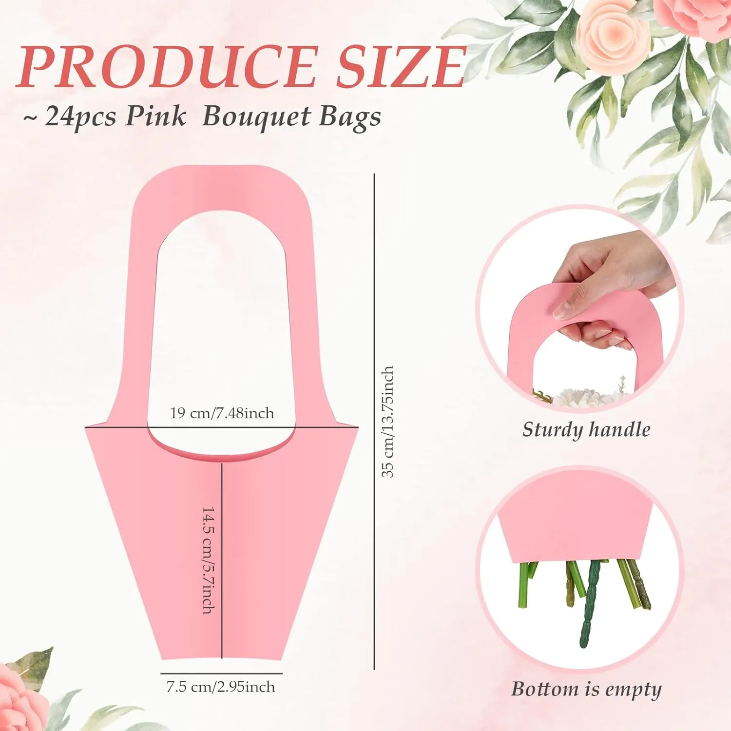Sabary 24 Pcs Kraft Paper Flower Gift Bags Bouquet Bags with Handle Flowers Wrapping Gift Packaging Wrap Tote for Valentine‘s Day Florist Wedding Party Home Decoration (Pink)