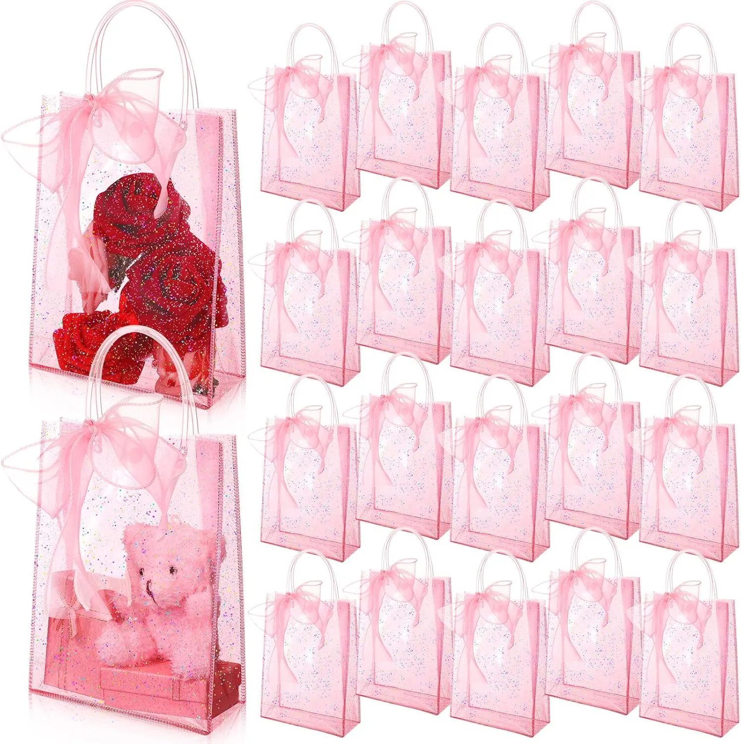Sayglossy 36 Pcs Clear Pink Gift Bags with Handles 6.7 x 2.76 x 9 Inch Wedding Transparent Glitter Tote Bag Reusable PVC Gift with Ribbons for Baby Bridal Shower Bachelorette Party Birthday