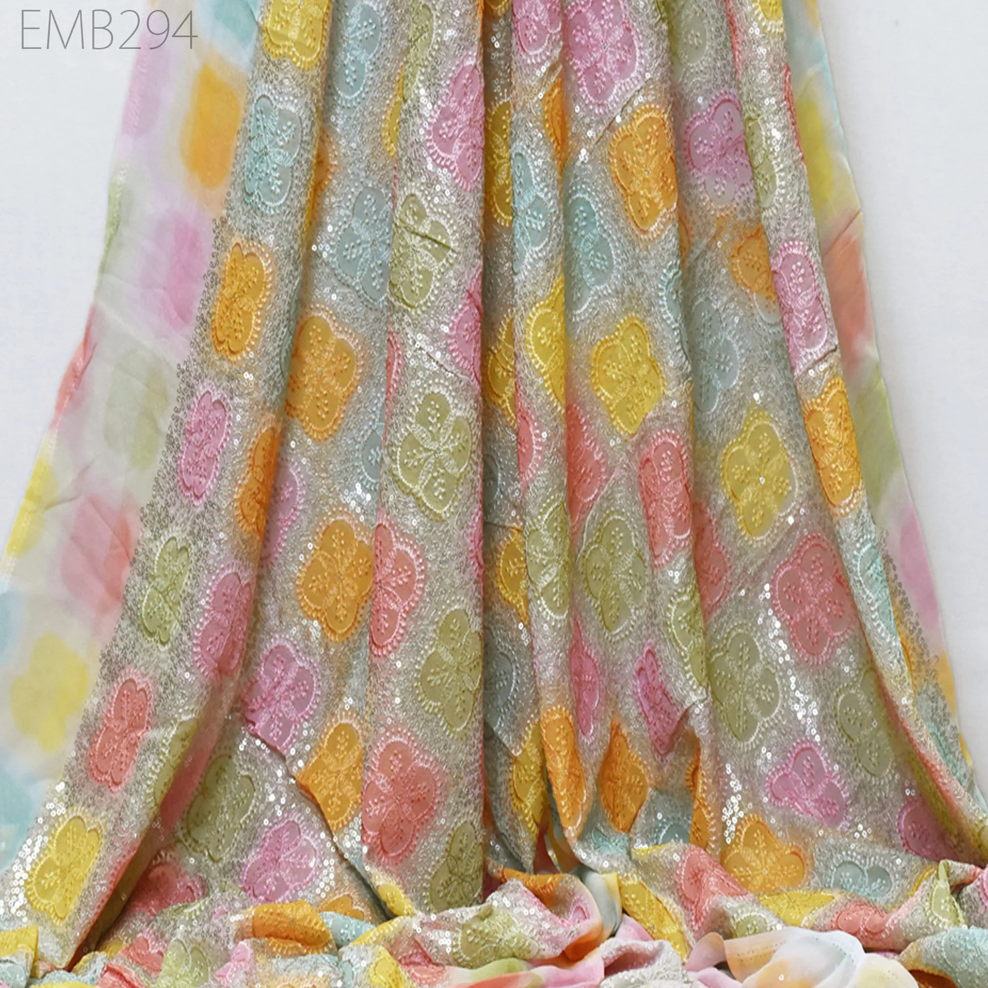 Sequin Embroidery Fabric by the Yard Indian Multi Georgette Saree Embroidered Crafting Sewing Sequined Wedding Dress Costumes Doll Making