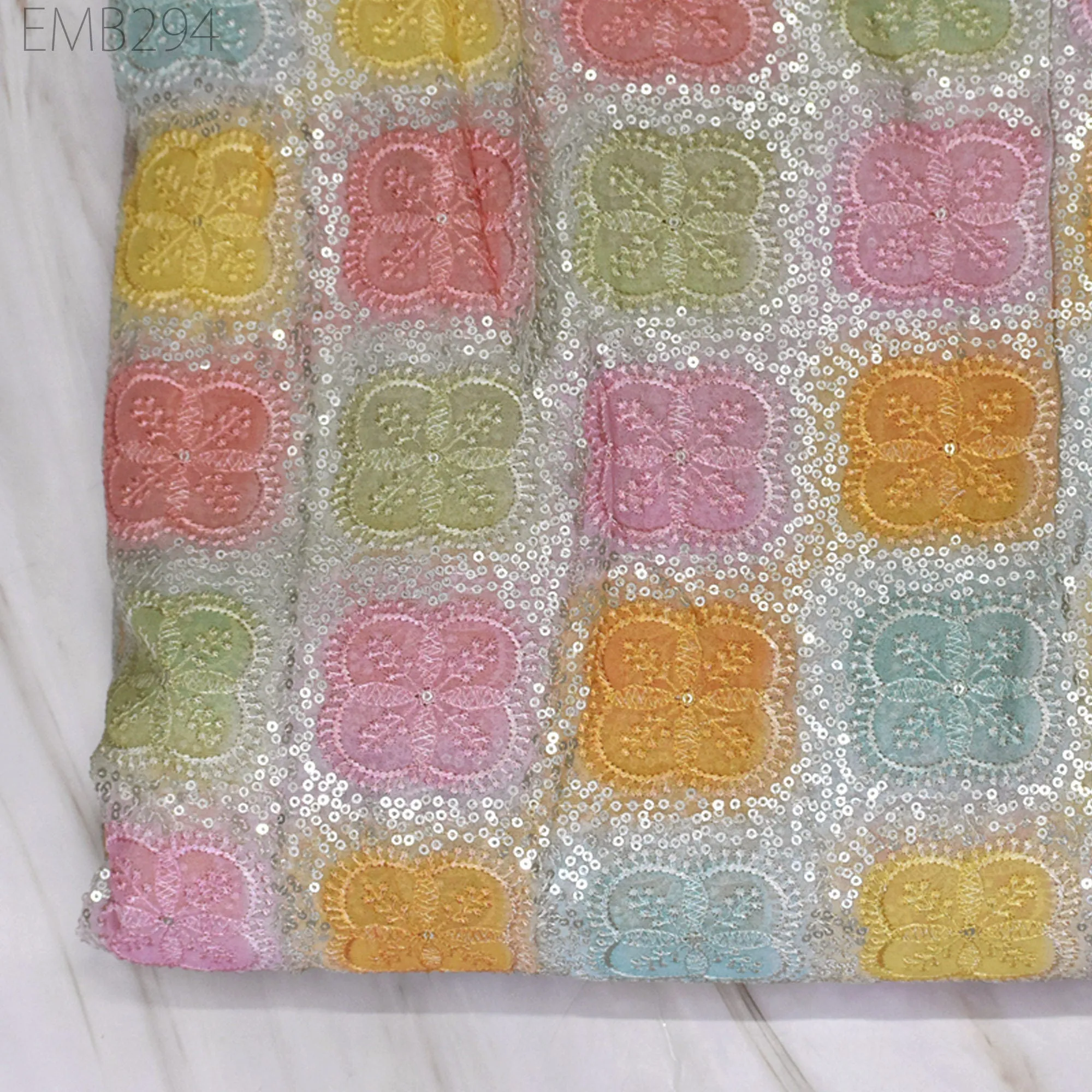 Sequin Embroidery Fabric by the Yard Indian Multi Georgette Saree Embroidered Crafting Sewing Sequined Wedding Dress Costumes Doll Making
