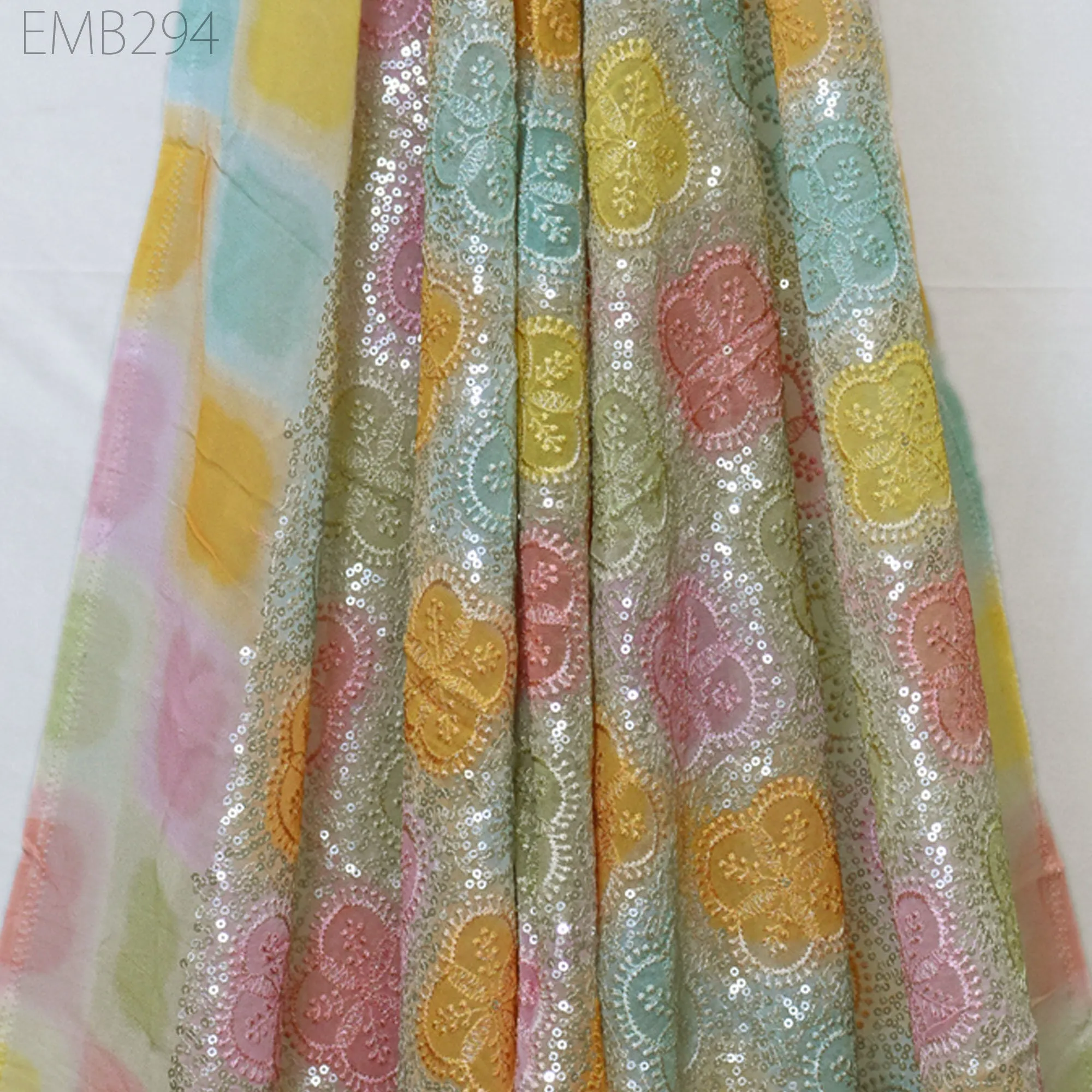 Sequin Embroidery Fabric by the Yard Indian Multi Georgette Saree Embroidered Crafting Sewing Sequined Wedding Dress Costumes Doll Making