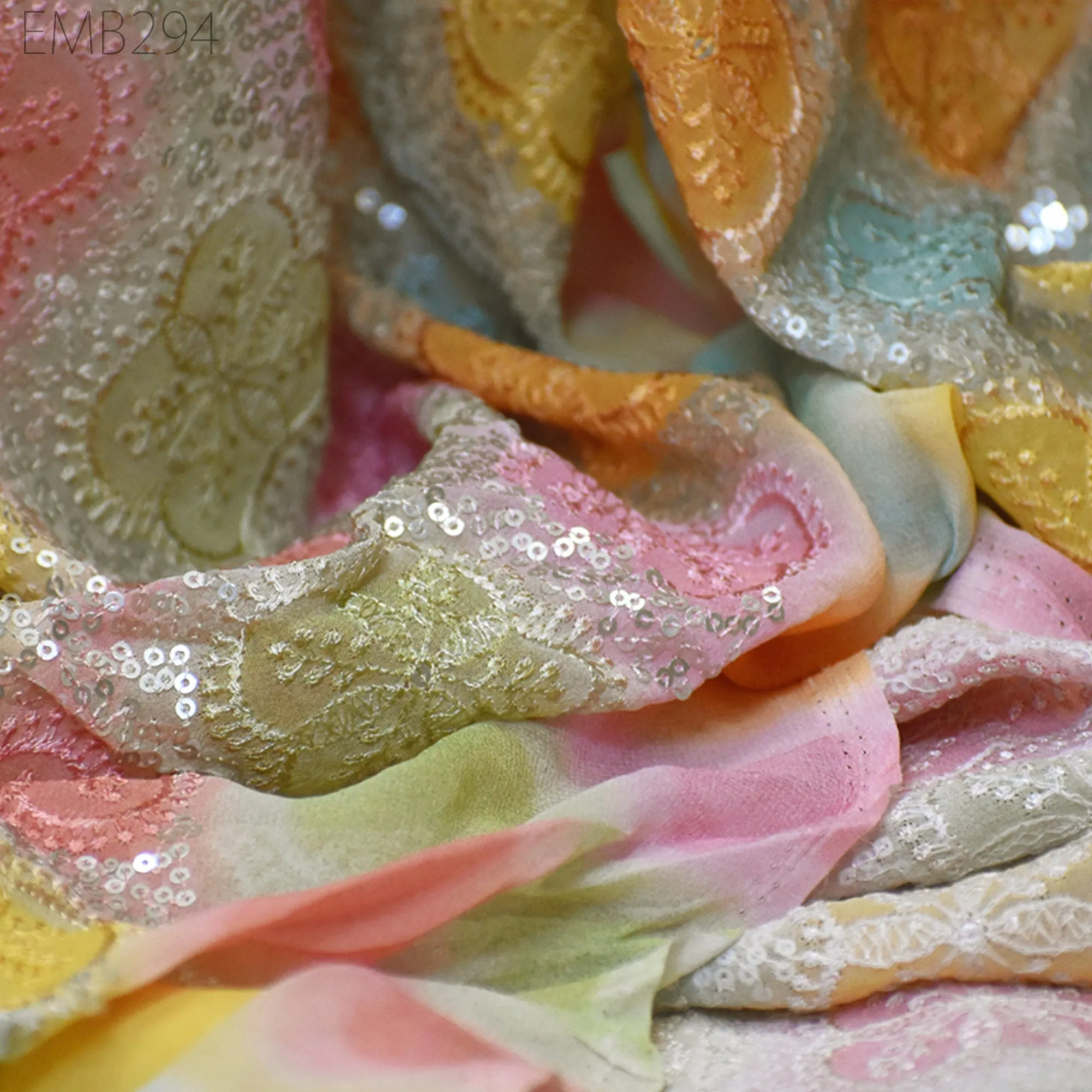 Sequin Embroidery Fabric by the Yard Indian Multi Georgette Saree Embroidered Crafting Sewing Sequined Wedding Dress Costumes Doll Making