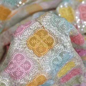 Sequin Embroidery Fabric by the Yard Indian Multi Georgette Saree Embroidered Crafting Sewing Sequined Wedding Dress Costumes Doll Making