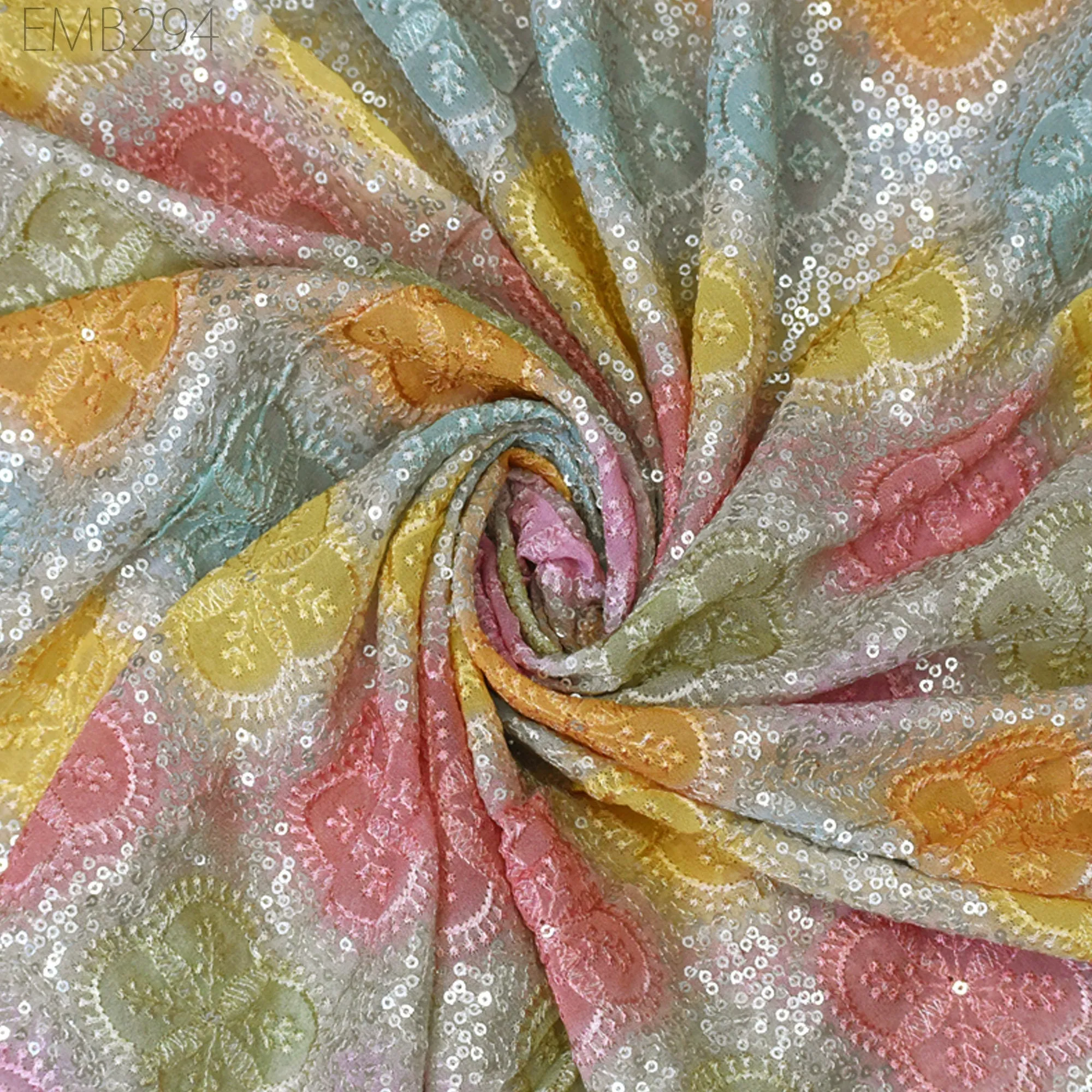 Sequin Embroidery Fabric by the Yard Indian Multi Georgette Saree Embroidered Crafting Sewing Sequined Wedding Dress Costumes Doll Making