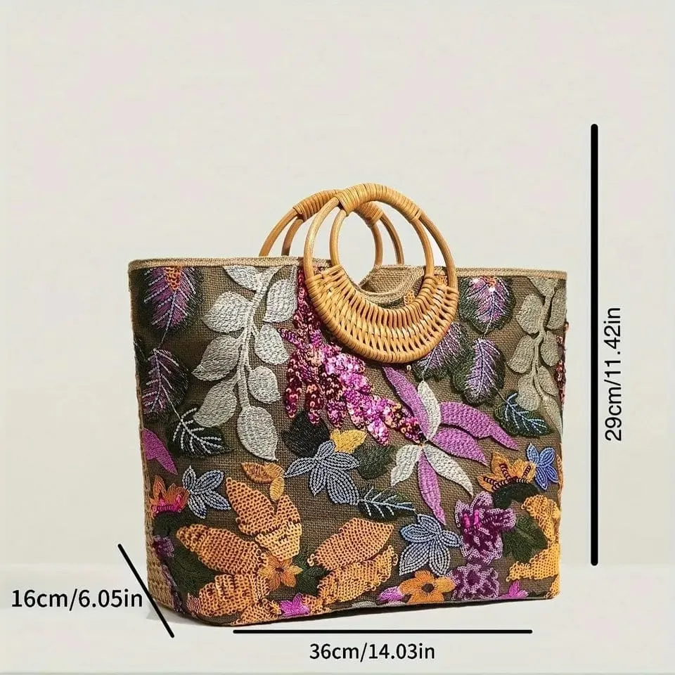 Sequin Flower Top Handle Vintage Style Tropical Bag