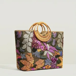 Sequin Flower Top Handle Vintage Style Tropical Bag